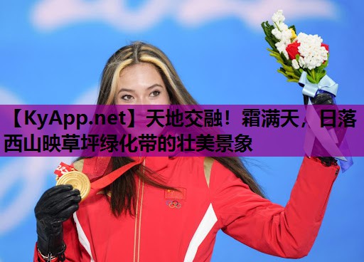 天地交融!霜满天,日落西山映草坪绿化带的壮美景象